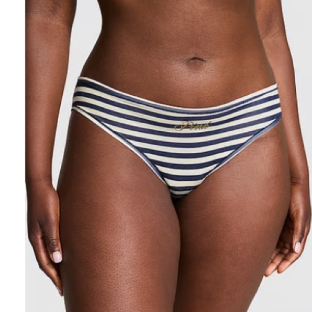 PINK/VICTORIA’S SECRET Cotton Bikini Panty in Midnight Navy Stripe Print w/ Logo